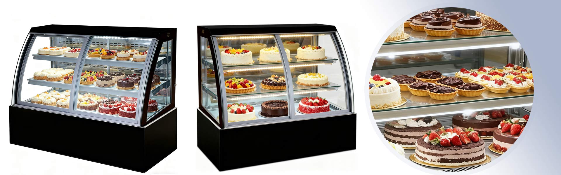 изогнутые стеклянные холодильники для тортов 