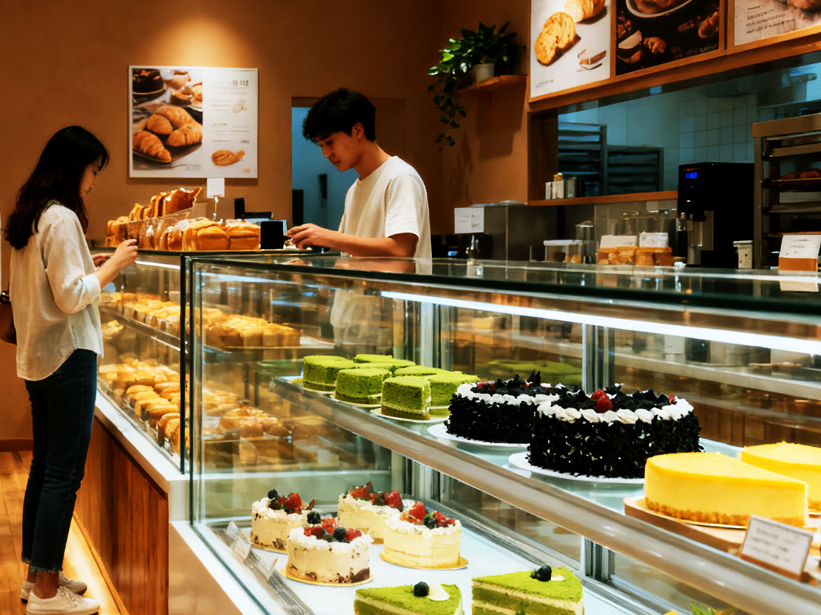 Glass cake display cabinet in a bakery