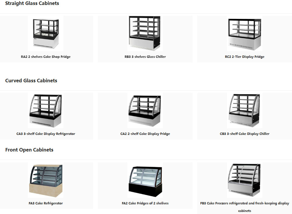 Display cabinets for different series of cakes