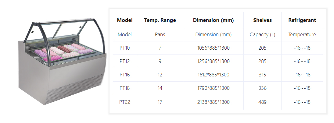 PT Series curved glass ice cream cabinet