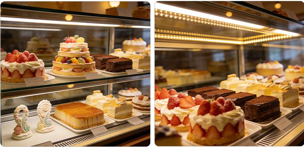 Display of different types of cake refrigerators