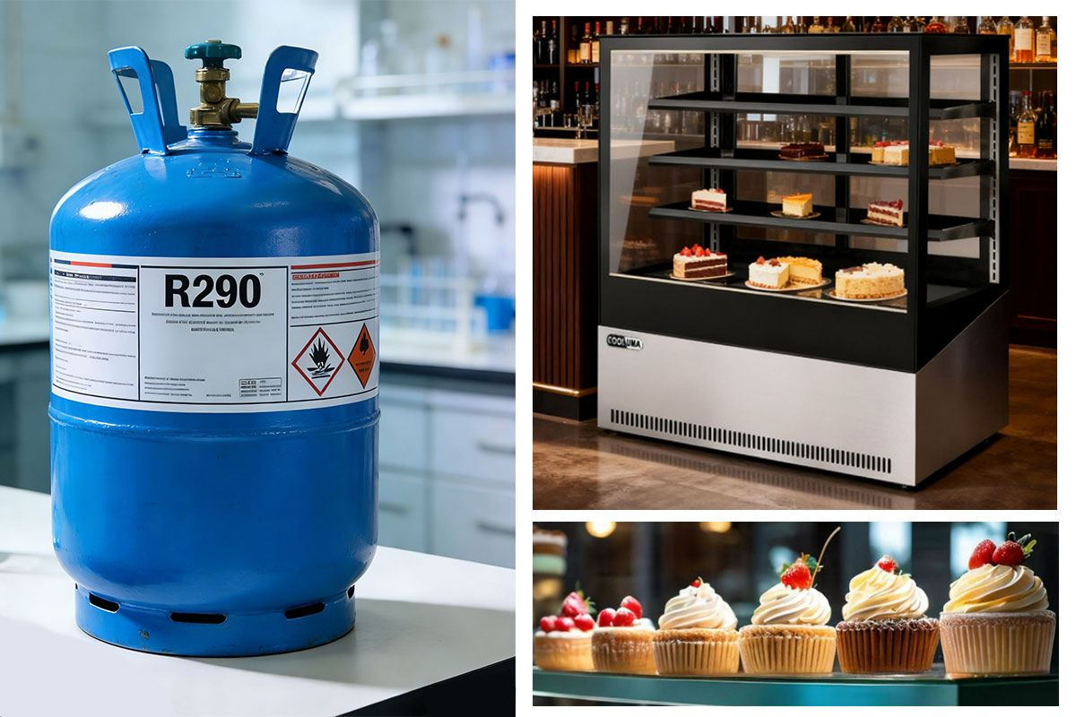 R290 soğutucu akışkan kullanan ticari pasta vitrini