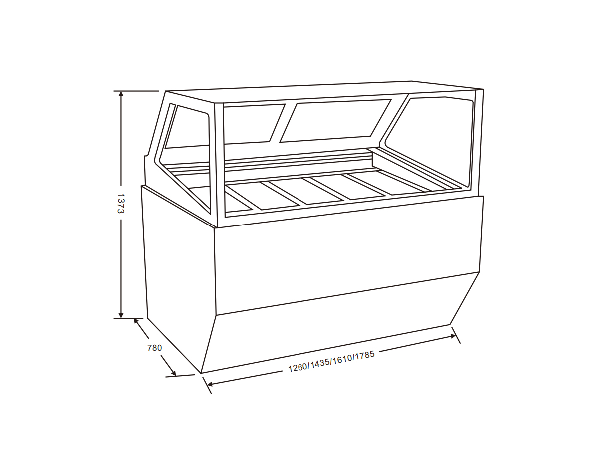 مسودة خطية لتصميم أبعاد فريزر عرض الجيلاتو