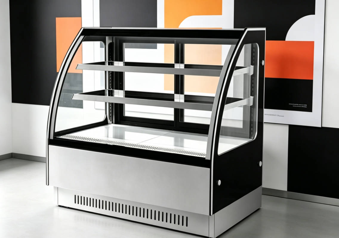 curved floor-standing commercial cake display chiller.