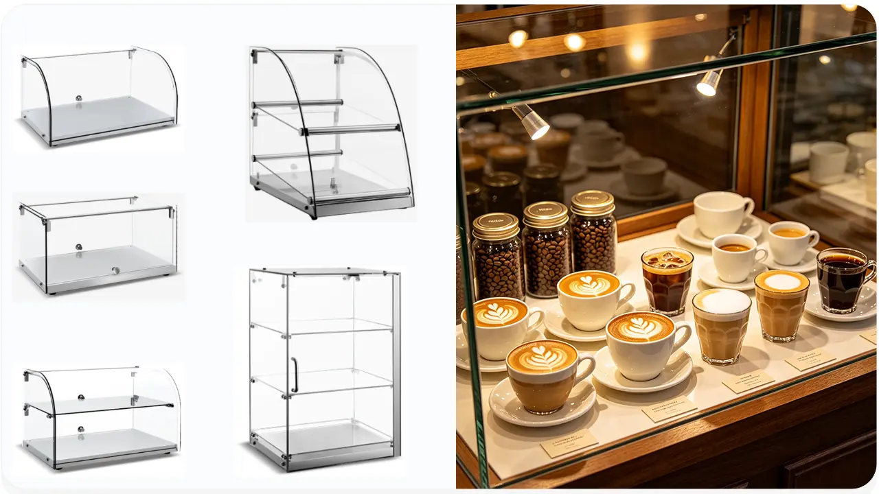 Glass display cabinet at the coffee shop front desk