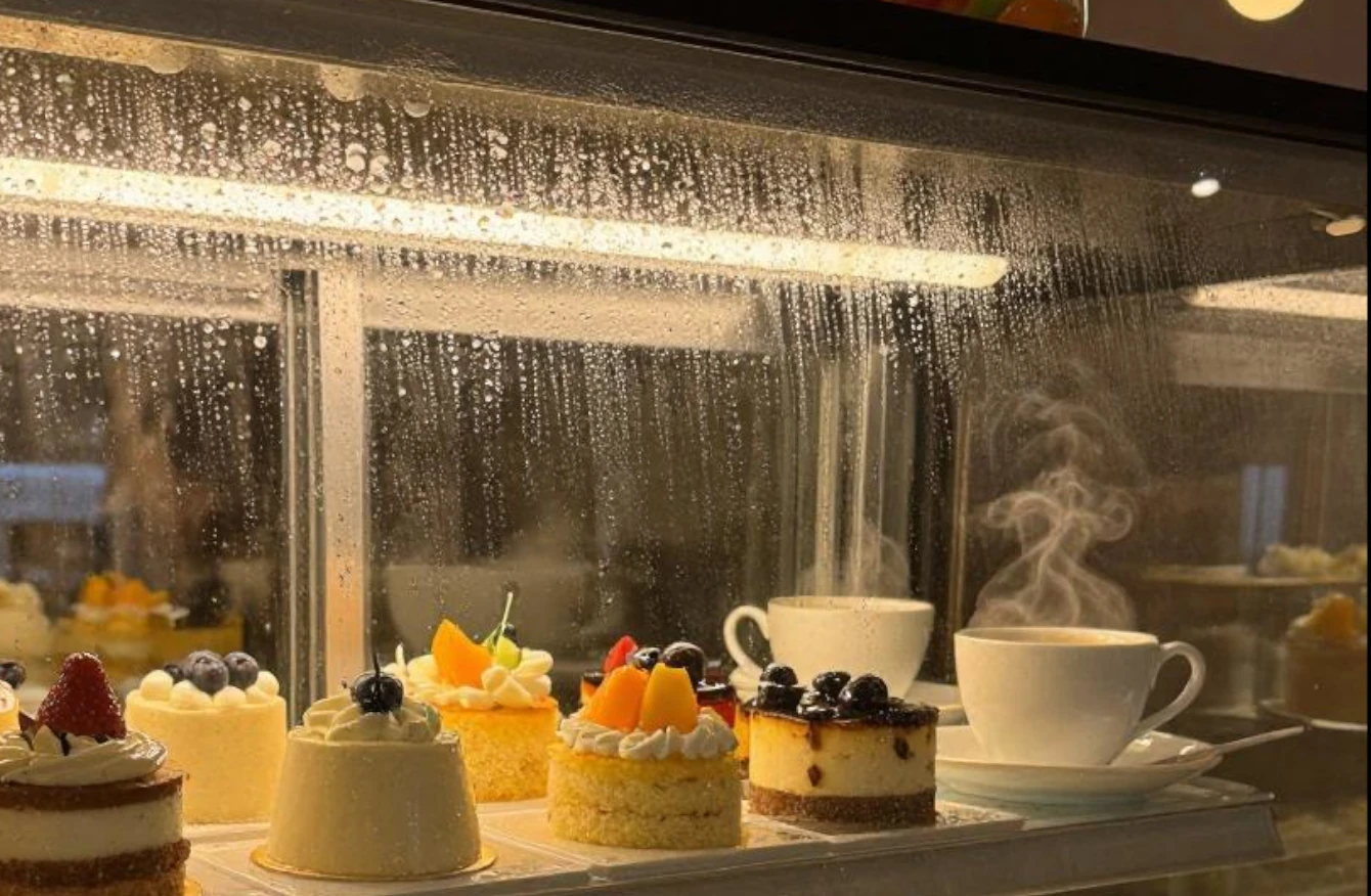 Sample photos of water droplets on the glass of coffee shop display cabinets