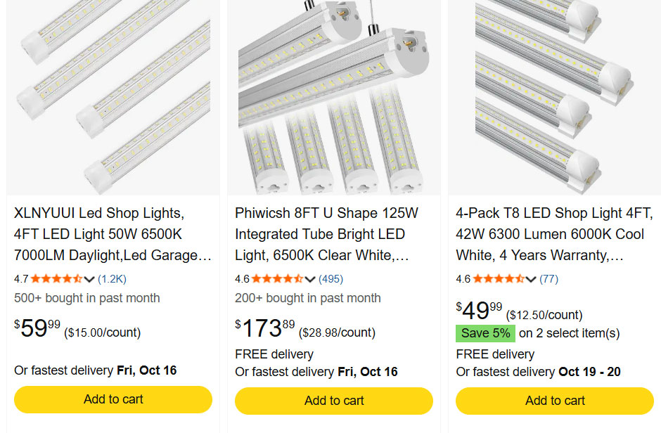 Screenshot of Amazon LED light strip prices