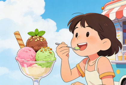 छोटी लड़की इटालियन आइसक्रीम खा रही है।