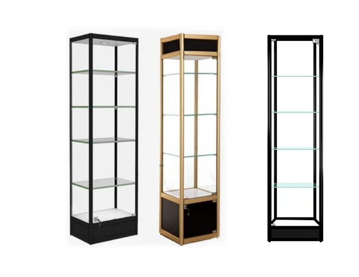 Upright display cabinets of different styles